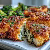 Oven-roasted chicken breasts and broccoli florets with a golden, crunchy Parmesan–panko crust on a sheet pan. 