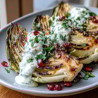 Smoky grilled cabbage wedges drizzled with creamy tahini sauce, fresh parsley, and juicy pomegranate seeds—a vibrant, healthy side bursting with flavor.