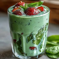 A vibrant strawberry spinach smoothie in a glass, topped with fresh berries and chia seeds for a healthy breakfast boost.