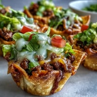 Crispy mini taco cups in wonton wrappers, brimming with seasoned beef and melted cheddar.